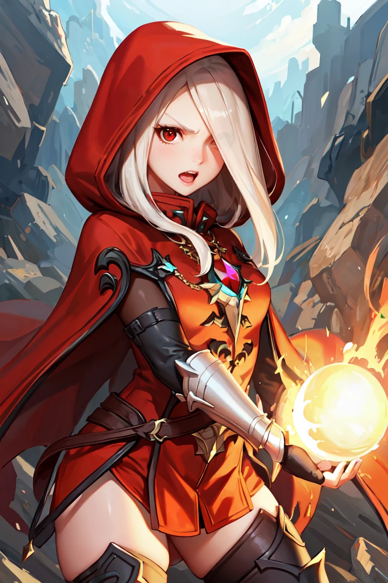 masterpiece, best quality, ultra-detailed, glistening shiny, glowing light, ray tracing, HDR, deph of field, (perfect face, detailed face),  <lora:NestArgenta:0.7>, argenta, hair over one eye, red eyes, open mouth, angry, teeth, red hooded cloak, red short dress, thigh boots, bridal gauntlet