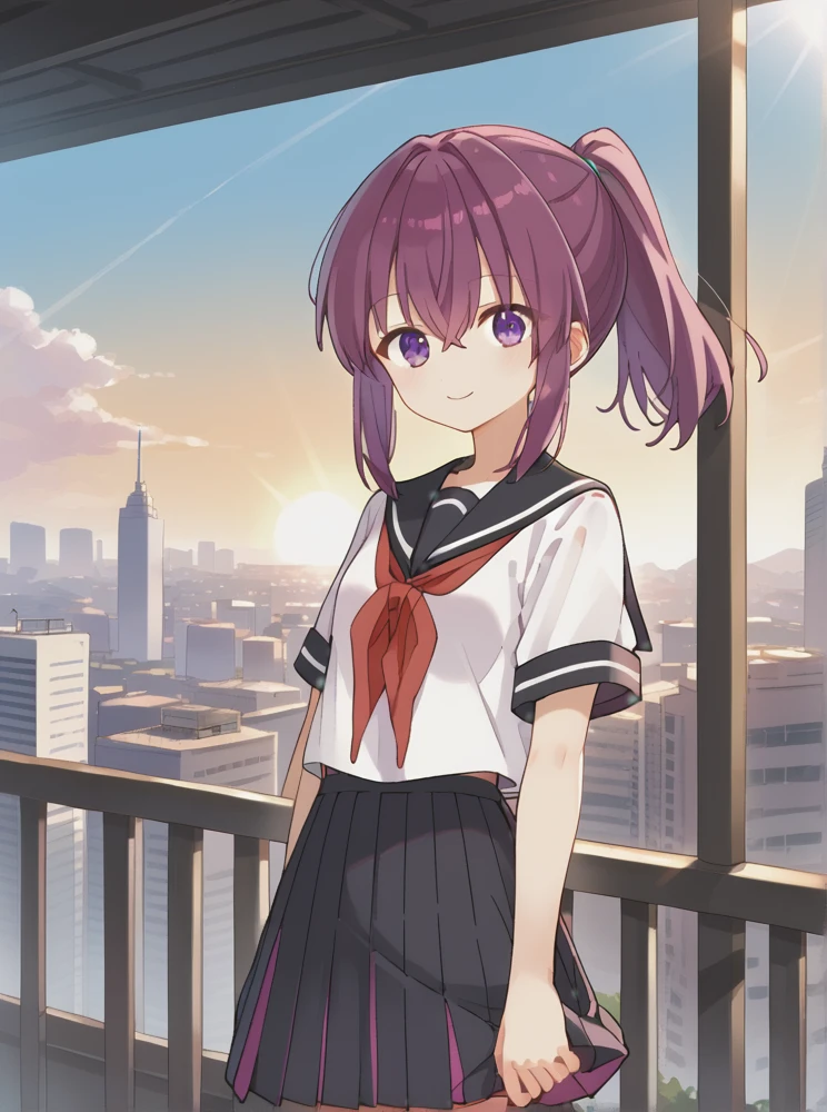 <lora:Samidare_Sarah:0.8>, score_9, score_8_up, score_7_up, source_anime, BREAK, purple eyes, bangs, red purple hair, ponytail, hair between eyes, Samidare_Sarah, white short sleeves sailor shirts, black pleated skirt, sailor collar, red neckerchief, smile, standing in city, bare legs, cowboy shot, skycrapers, daytime, sun lights, bruly backgrounds, solo