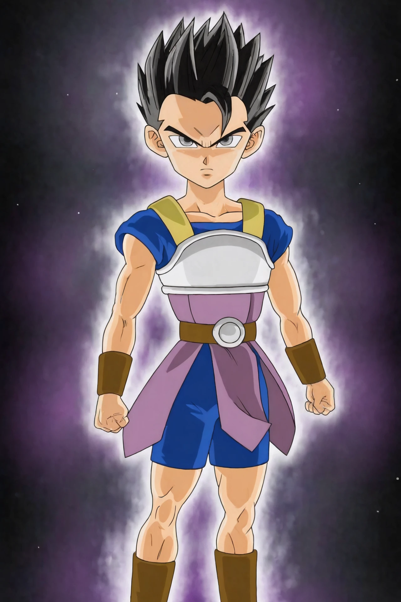 source_anime, score_9, official style, anime screencap, 
cabba, ultra instinct, white highlights, constricted pupils, solo, black hair, 1boy, male focus, grey eyes, muscular, frown, spiked hair, black background, clenched hands, serious, aura, saiyan armor, socks, brown legwear, arms by side, blue shirt, blue shorts, brown armwear, bracer, brown belt, collarbone, official style, purple tunic, floating clothes, fingernails, v-shaped eyebrows, v-shaped eyes, short sleeves, toned
 <lora:cabba_pony_v1:0.8>