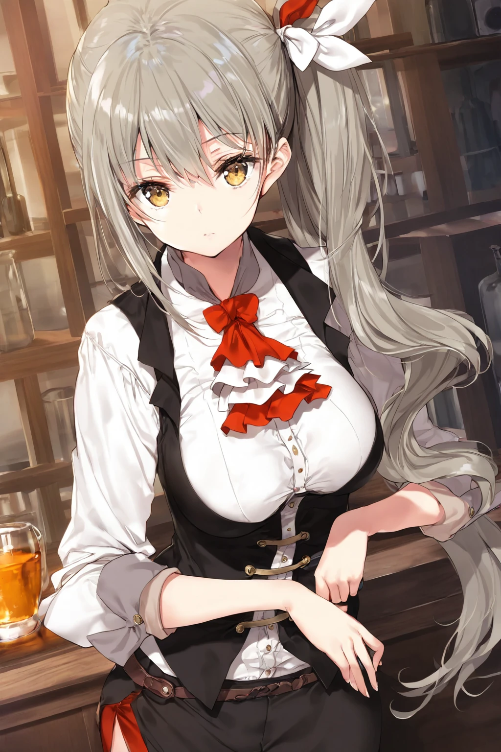 1girl, solo, black vest, bartender, aki rinco, ascot, hair ribbon,(large breasts:0.8),yellow eyes,

very aesthetic, (masterpiece, best quality:1.2), very aesthetic, highres, absurdres, sensitive, 

(necomi:0.75),(yd \(orange maru\):0.75),(kedama milk:0.4), (toosaka asagi:0.4),(ke-ta:0.4), (40hara:0.4), (wlop:0.4),(toosaka asagi:0.4),  highres, detailed, nsfw,