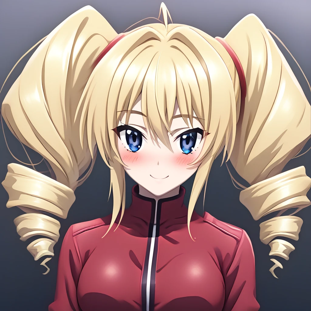 r4v3lph3n3x,Ravel Phenex,Ravel Phenex (high school dxd), 1girl, solo, long hair, breasts, looking at viewer, blush, smile, bangs, blue eyes, blonde hair, hair between eyes, twintails, medium breasts, closed mouth, jacket, upper body, drill hair, hair intakes, twin drills, red jacket