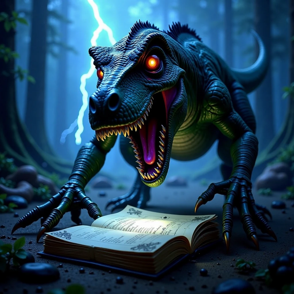 A fearsome t-rex stands over a mystical Dead Note, its scales glistening in a dim, eerie light. The notebook, ancient and dark, lies beneath the t-rex massive claws, emitting a faint supernatural glow that illuminates the creature's intense, menacing gaze. Shadows swirl around the t-rex as it seems drawn to the notebook's sinister power, with lightning illuminating the scene in sharp, haunting flashes of blue and purple. The t-rex eyes gleam with a mysterious hunger, as if sensing the forbidden knowledge contained within the Dead Note. The atmosphere is dark, foreboding, and filled with suspense, blending prehistoric might with supernatural horror.