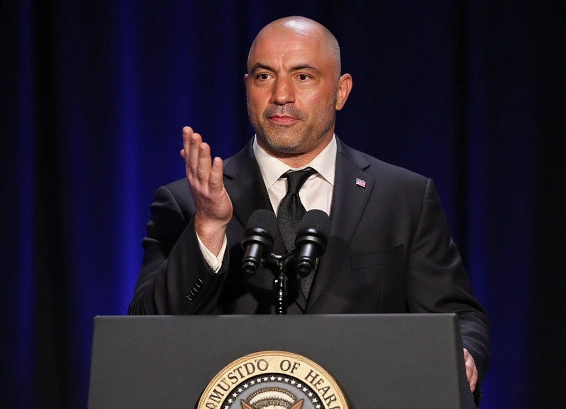 Photo of joe rogan as the president, speaking behind a presidential podium with the american emblem seal on it  <lora:joeroganv4:1>