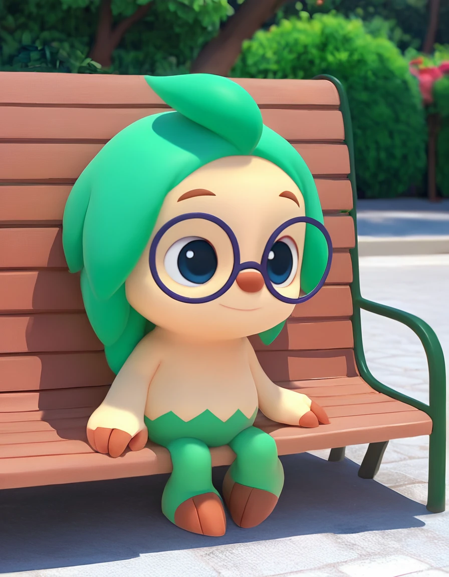 score_9, score_8_up, score_7_up, hogi, 1boy, solo, glasses, green hair, blue eyes, full body, outdoors, cute, on bench, park  