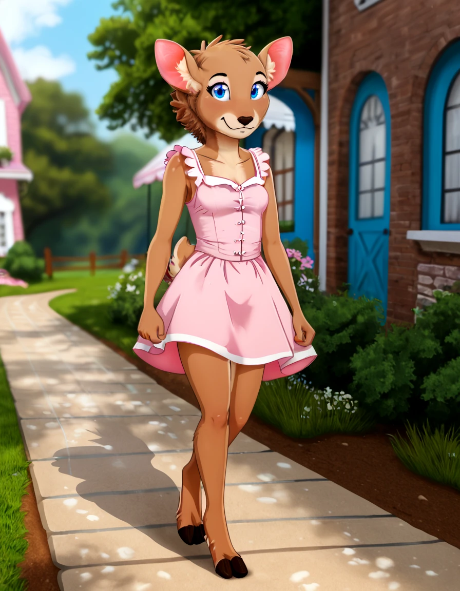 outdoors,detailed background,
Katy,1girl,solo,deer,animal ears,tail,furry female,animal nose,snout,short hair,blue eyes,body fur,brown fur,animal ear fluff,two-tone fur,brown hair,white fur,
full body,smile,long eyelashes,
pink sundress,walking,
<lora:Katy_v01_PDXL:1>,