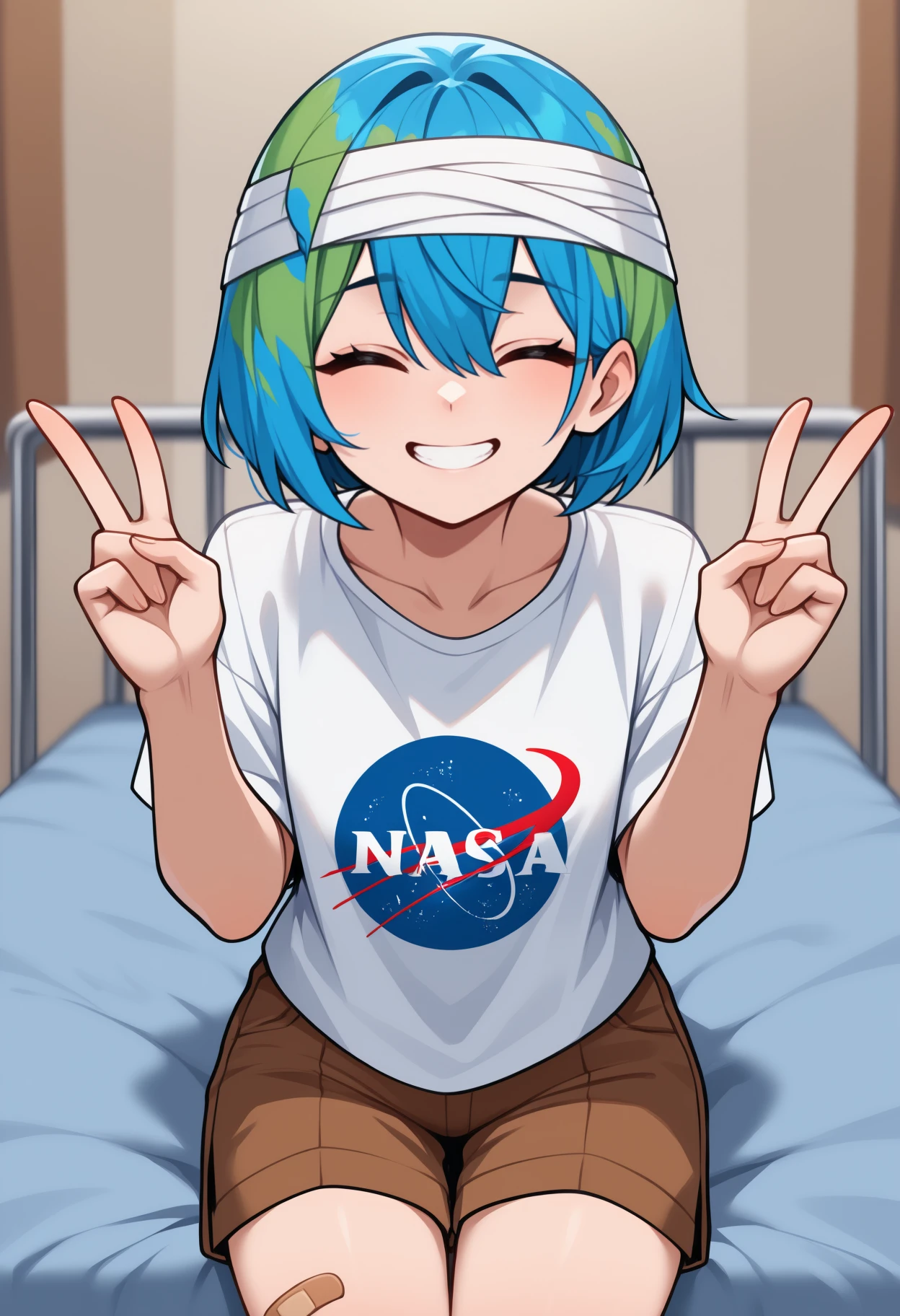 masterpiece, best quality, <break> solo, 1girl, erthchn, smile, teeth, looking at viewer, sitting, double v, short hair, two-tone hair, blue hair, green hair, hair between eyes, closed eyes, white shirt, t-shirt, print shirt, nasa logo, short sleeves, brown shorts, bandaid on leg, bandages, bandaged head, collarbone, indoors, hospital bed
<segment:yolo-face_yolov8m.pt,0.4,0.5//cid=1>