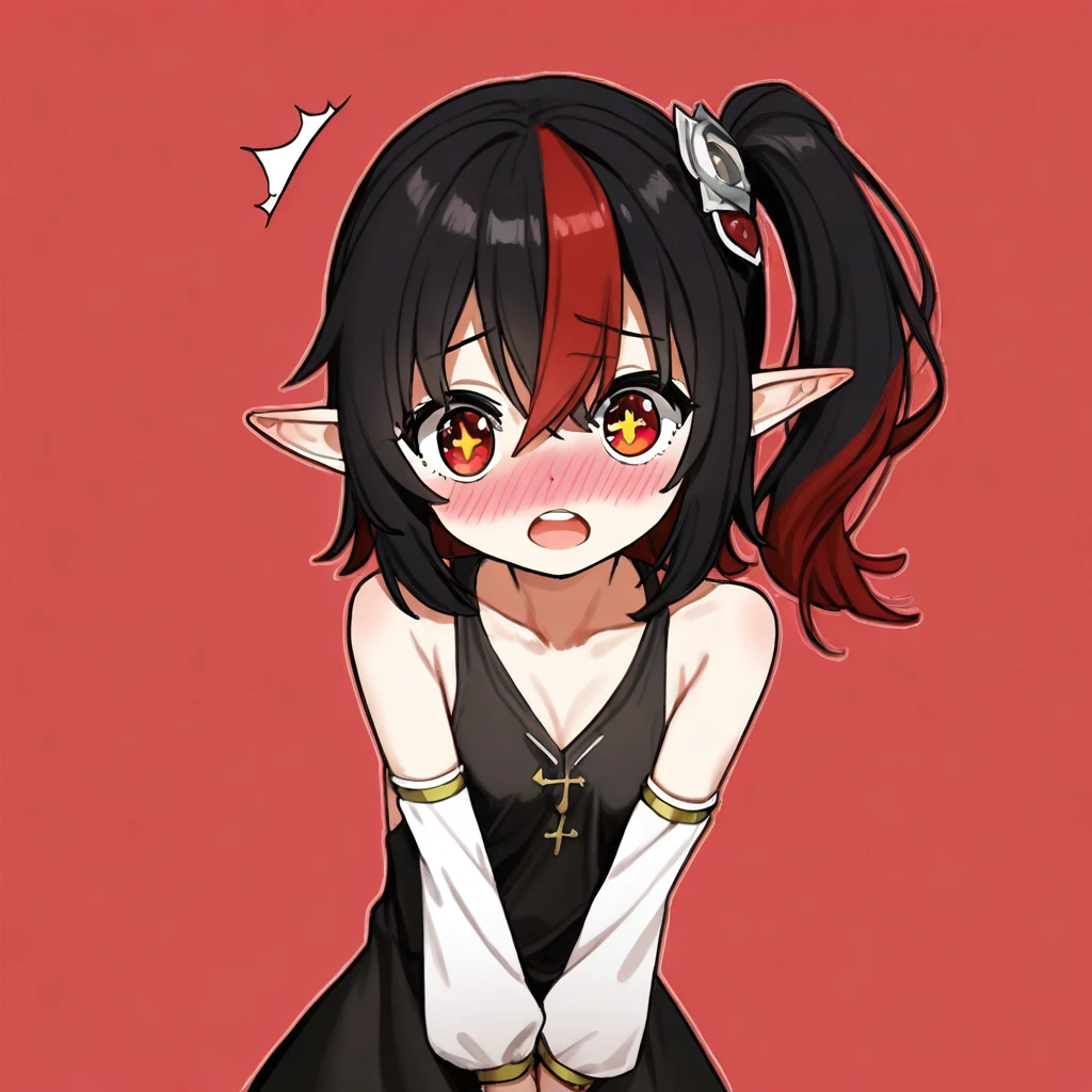 [score_9, score_8_up, score_7_up, score_6_up, score_5_up, score_4_up::0.2],  BREAK white background, cowboy view,  BREAK 1girl, solo, red eyes, cross-shaped_pupils, elf, pointy ears, +_+,  Black hair, multicolored hair, streaked hair, red hair, hair between eyes, side ponytail,  shy, blush, nose blush, open mouth, flustered, upper teeth only,  collarbone, small breasts,  hair ornament, sleeveless dress, black dress, detached sleeves,  looking at viewer, v arms, looking down