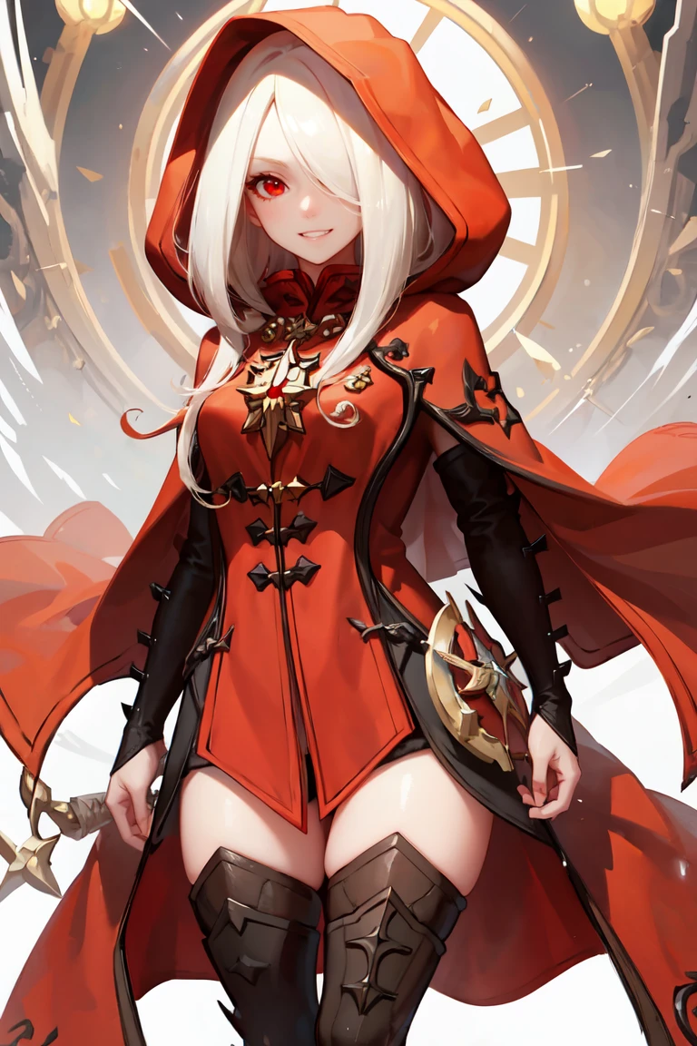 masterpiece, best quality, ultra-detailed, glistening shiny, glowing light, ray tracing, HDR, deph of field, (perfect face, detailed face),  <lora:NestArgenta:0.9>, argenta, hair over one eye, red eyes, grin, red hooded cloak, red short dress, thigh boots, bridal gauntlet