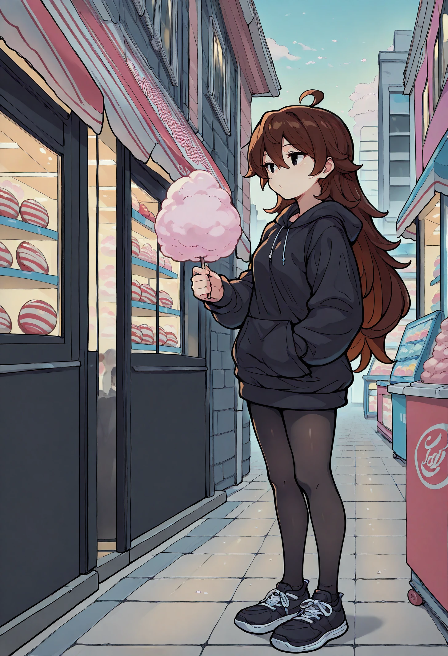 masterpiece, best quality, 1girl, gfrnd, black eyes, brown hair, ahoge, long hair, hair between eyes, hand in pocket, shoes, <lora:Girlfriend_illusXL_Incrs_v1.1-000008:1>, black hoodie, outdoors, black pantyhose, black legwear, shop, candy store, looking at building, candy, candy cane, cotton candy, candy wrapper,