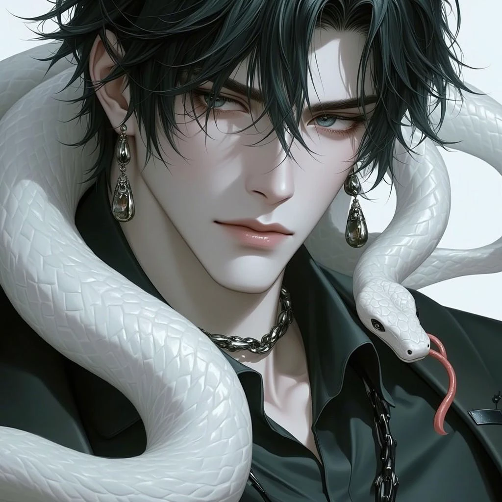 phwamen, snake, 1boy, male focus, solo, jewelry, looking at viewer, earrings, white snake, portrait, slit pupils