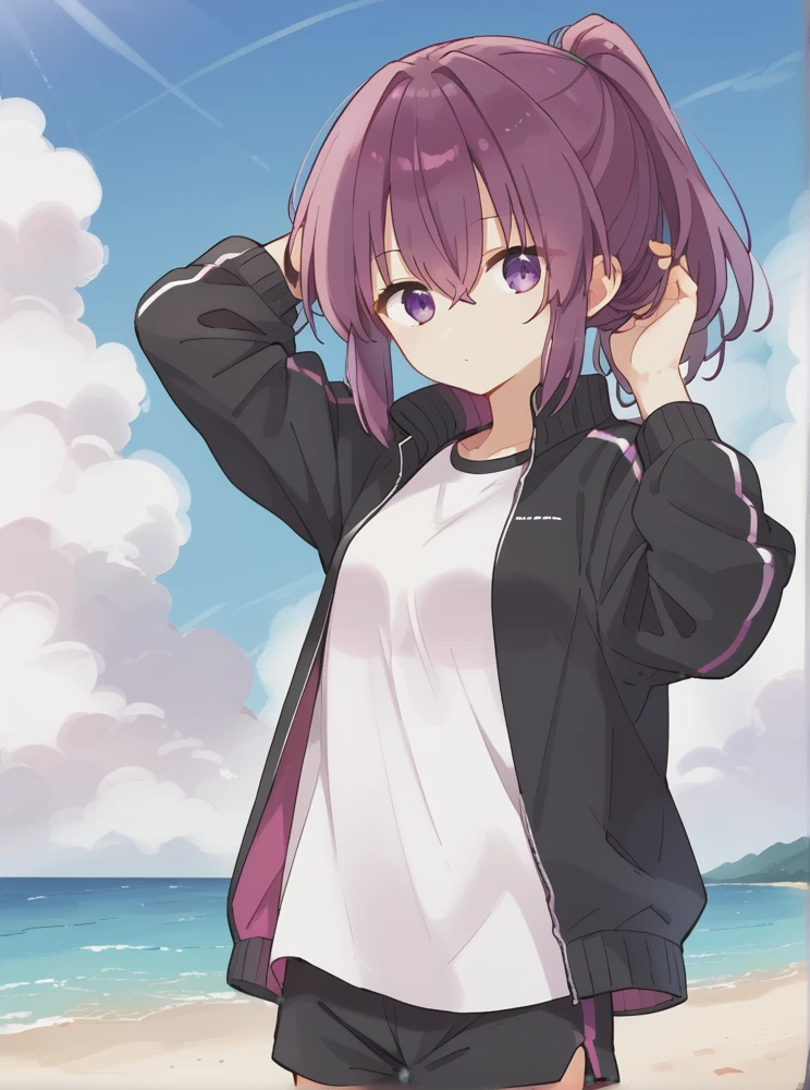 <lora:Samidare_Sarah:0.8>, score_9, score_8_up, score_7_up, source_anime, BREAK, purple eyes, bangs, red purple hair, ponytail, hair between eyes, Samidare_Sarah wearing black track jacket under the tshirts, open cloth, black track shorts, expressionless, hands in hair, standing in beach, outdorrs, cloudy sky, daytime, sun lights, bruly backgrounds, solo