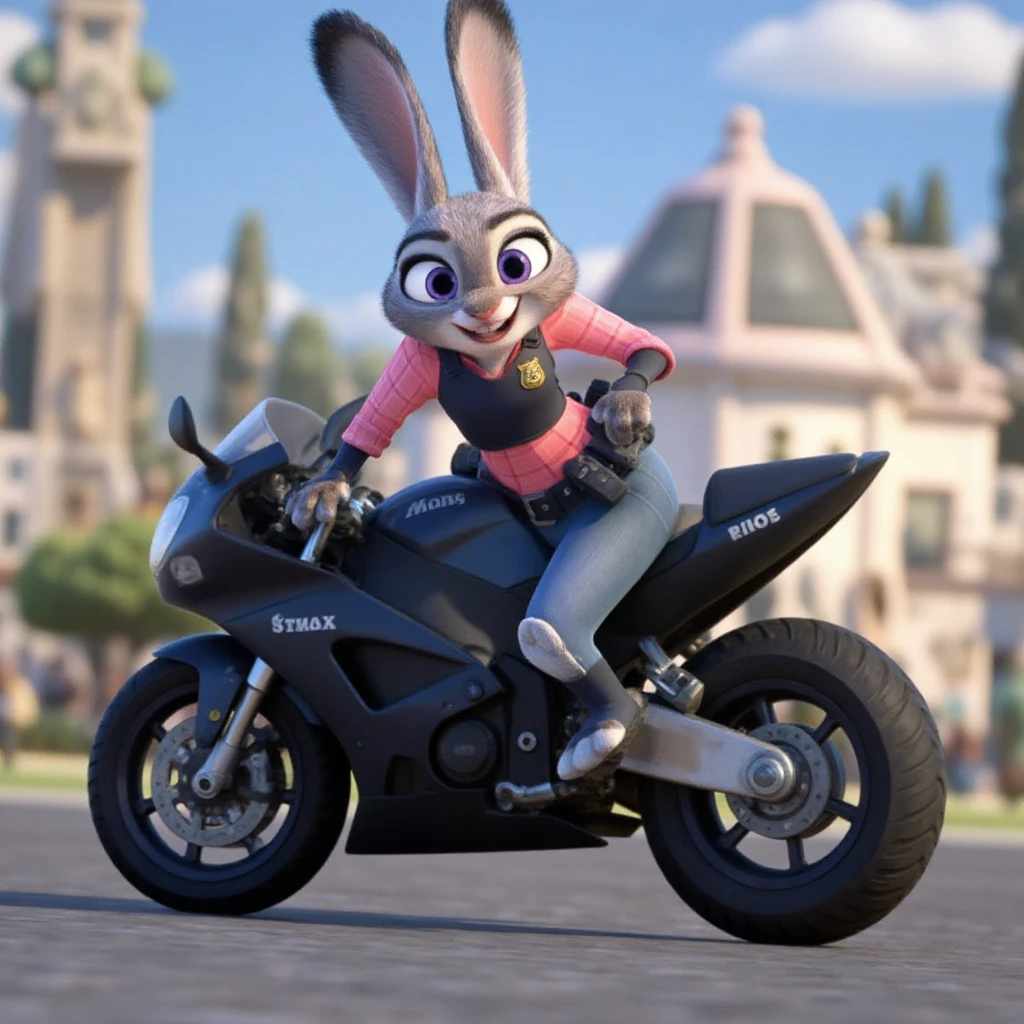 A photo of ohwx as Judy Hopps from Disney Zootopia riding a futuristic motorcycle