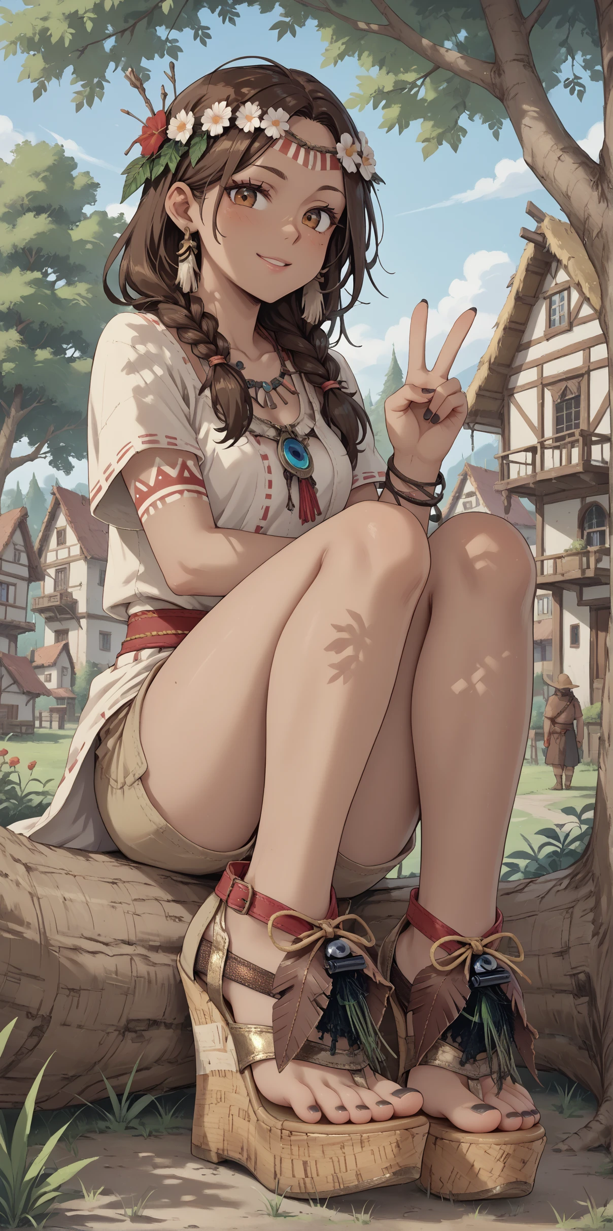 score_9, score_8_up, score_7_up, score_6_up, source_anime,
1girl, 
brown hair, 
dark skin,
tribal,
sitting in tree, sitting on tree branch, legs dangling,
feet, toes, black toenail polish,
(b0h0 heels), platform footwear,
(forest:0.9), town, village,
looking at viewer, v,
hippie tunic, frayed brown shorts, 
embedding:zPDXLrl ,
embedding:zPDXL2 ,