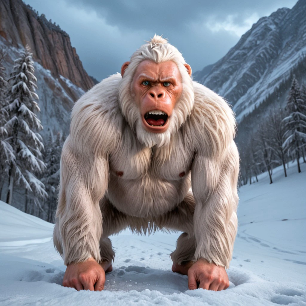 white fur, yeti, abominable snowman, big teeth, primate-like face, snowing, winter background, mountain, sunset, full body shot, shadows, details, fur details, trees, overcast, cave, standing, front facing, looking at viewer