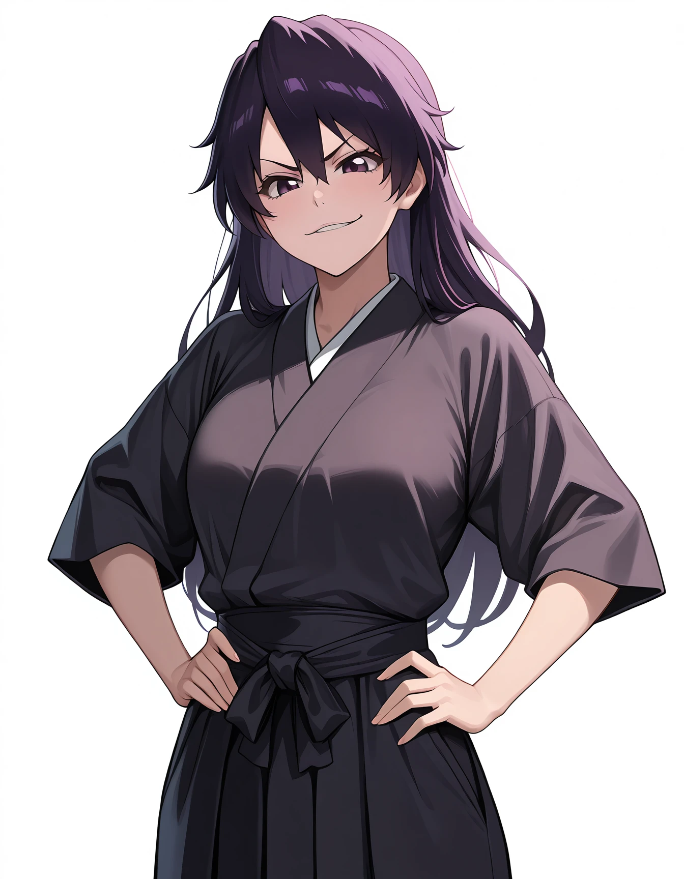 <lora:Bambietta_Basterbine_Illustrious:1>solid white background, 1girl, solo,
bambietta_basterbine, black hair, long hair, hair between eyes, dark purple eyes
black kimono, smirk, hands on hips