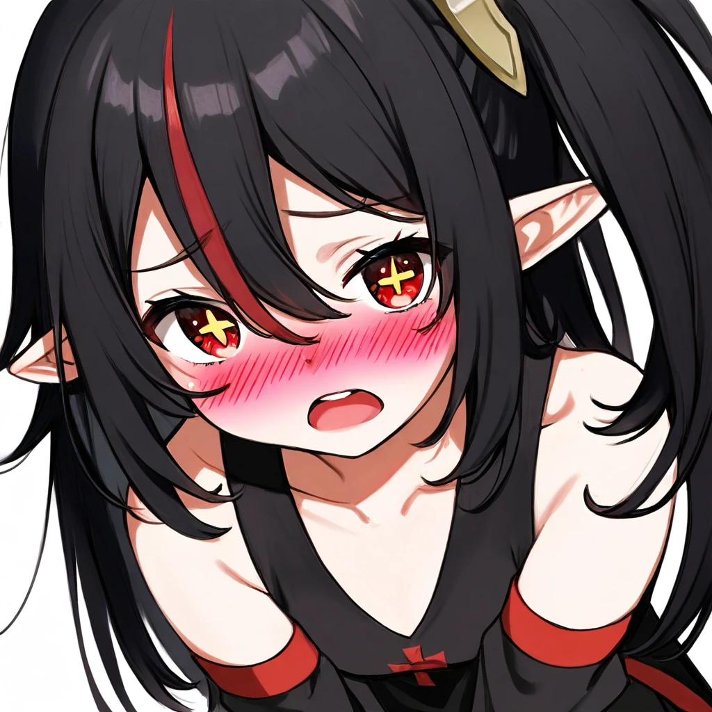 [score_9, score_8_up, score_7_up, score_6_up, score_5_up, score_4_up::0.2],  BREAK white background, cowboy view,  BREAK 1girl, solo, red eyes, cross-shaped_pupils, elf, pointy ears, +_+,  Black hair, multicolored hair, streaked hair, red hair, hair between eyes, side ponytail,  shy, blush, nose blush, open mouth, flustered, upper teeth only,  collarbone, small breasts,  hair ornament, sleeveless dress, black dress, detached sleeves,  looking at viewer, v arms, looking down