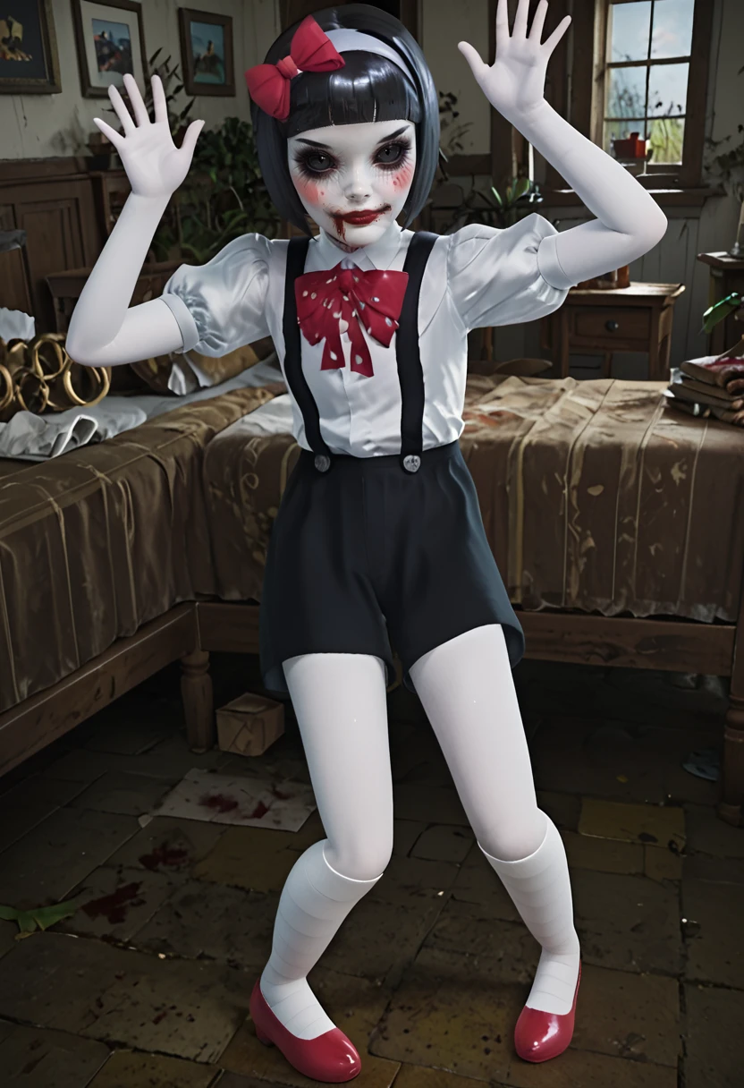score_9, score_8_up, score_7_up, score_6_up, score_5_up, 1girl, <lora:Resentful_Puppet_-_Soul_Dossier_å°çµæ¡£æ¡:0.8> Resentful Puppet, black hair, short hair, bob haircut, blunt bangs, black eyes, black sclera, colored skin, pale skin, grey skin, blood, blood on face, makeup, red bow, hairband, hair bow, suspenders, white shirt, short puffy sleeves, black shorts, legs, thighs, horror (theme), creepy, dark, , slim legs, slim body, big eyes, female focus, fantasy, expressive, skindentation, 1female, masterpiece, 32K HD, beautiful attention to detail, detailed eyes, shiny skin, showing lots of skin, wide lens, perfect hands, perfect eyes, 3d, looking at viewer, zPDXL2, zPDXLxxx, expressionless, clothed female, indoors, school, full body, white kneehighs, red footwear, flats, waving, arms up