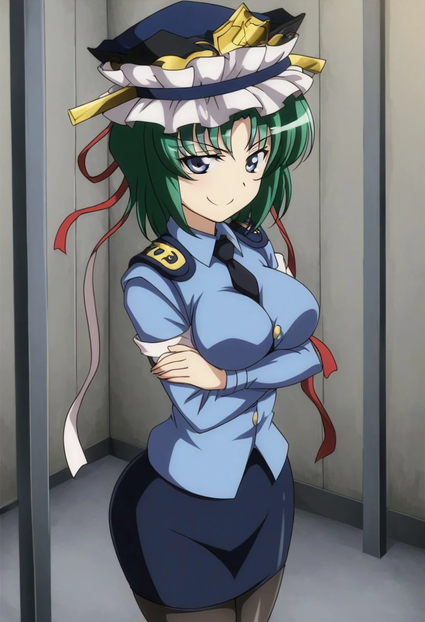 ((1girl)), ((solo)), (pov), (standing), ((police officer)), ((police shirt)), ((police skirt)), ((black pantyhose)), ((prison)), (eiki), (shiki eiki), green hair, touhou, short hair, blue eyes, ((crossed arms)), looking at viewer, ((big breasts)), ((big boobs)), (naughty smile),