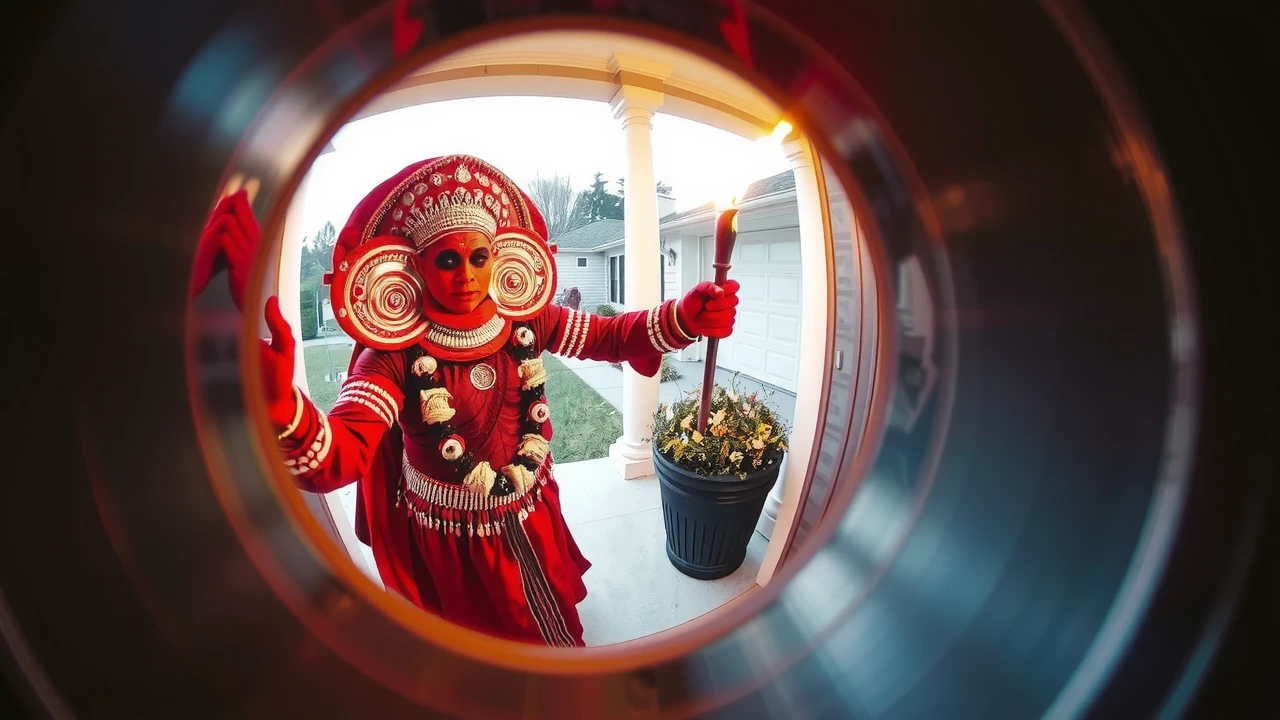 wide angle fish eye lens view through a door peep hole showing the view of a porch in an american suburb. theyyam performer wearing a full body red and silver costume with red face paint standing holding a flame torch in one hand