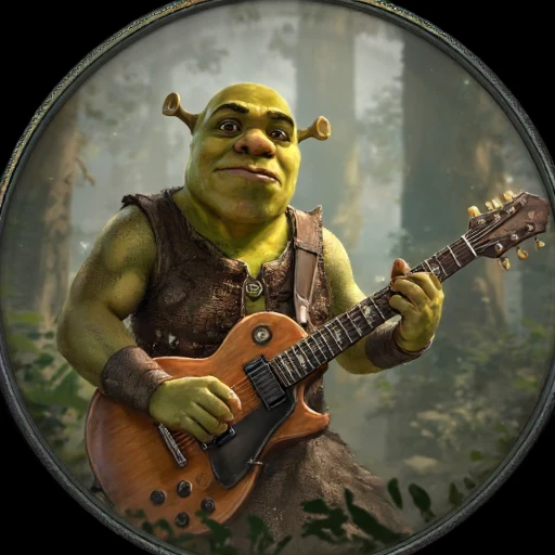 Digital ilustration in PoE1ascendancyArtFLUXV1 style of Shrek playing on a eletrctic guitar