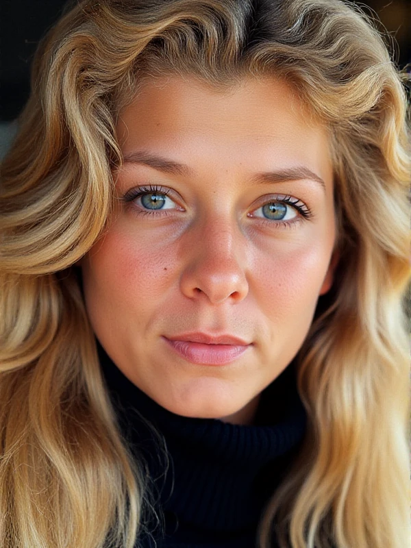 <lora:Dawn_Knudsen:0.9> dawn knudsen, a woman, , long hair, blonde hair. freckles. turtleneck. closeup face portrait