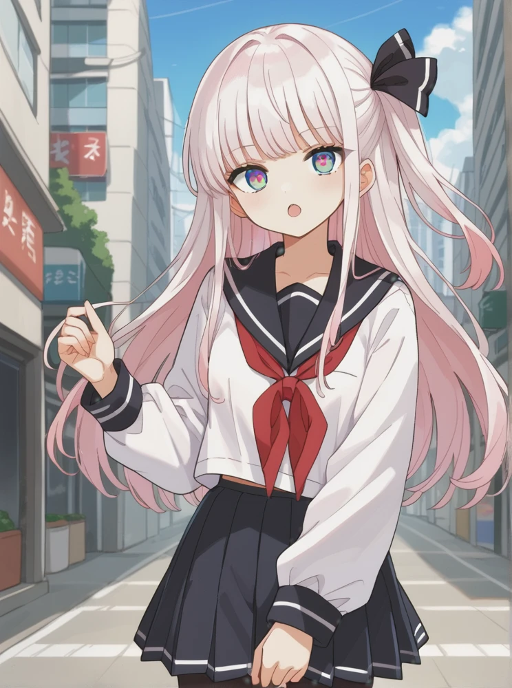 <lora:Saotome_Annin:0.8>, score_9, score_8_up, score_7_up, source_anime, BREAK, multicolored eyes, aqua and light pink colored eyes, white hair, long hair, black hair ribbon, sidetail, Saotome_Annin, white long sleeves sailor uniform, black pleated skirt, sailor collar, red neckerchief, open mouth, standing in city, pantyhose, cowboy shot,