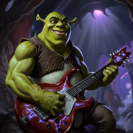 Digital ilustration in style of LORStyleFluxV1 of Shrek playing on a eletrctic guitar