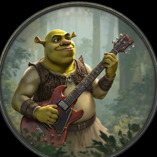 Digital ilustration in PoE1ascendancyArtFLUXV1 style of Shrek playing on a eletrctic guitar