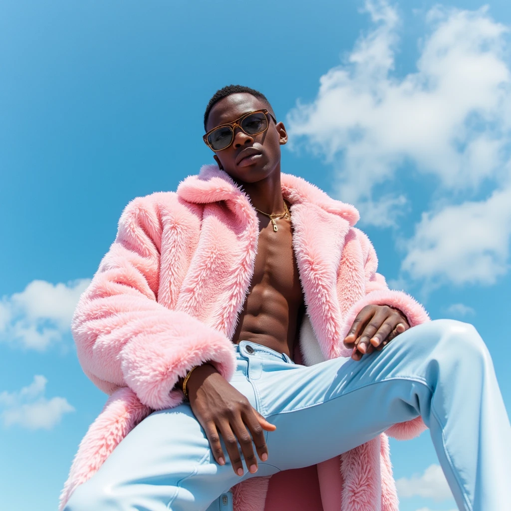 aesthetic_pos3, dynamic_pos3,  Young dark-skinned man in a pink fur coat and dark sunglasses, viewed from a low angle against a blue sky with clouds. He’s wearing light blue leather pants, showcasing a bold, stylish look.