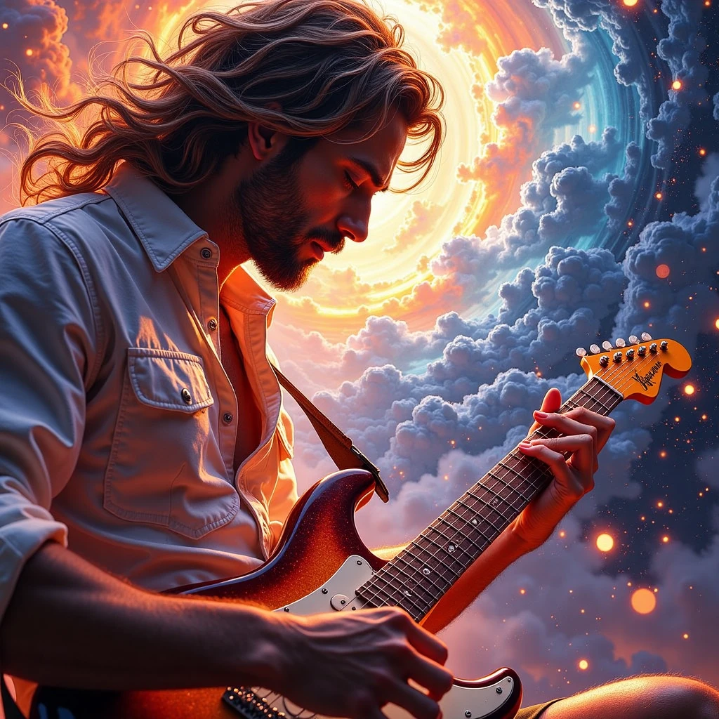 an abstract painting of a seductress,glowing energy,split sky between sunny day and deep space at night, with gome style, close-up shot of a man's hands deftly strumming the strings of his electric guitar, fingers gliding smoothly across the fretboard as he performs an intricate melody. Soft lighting casts a warm glow on his face, highlighting the concentration etched on his features.