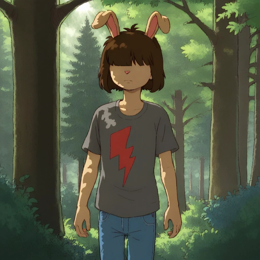 score_9, score_8, score_7, break, solo, slink_a, 1boy, rabbit ears, brown hair, short hair, hair over eyes, t-shirt. jeans,  forest, sunlight, shadow, natural lighting