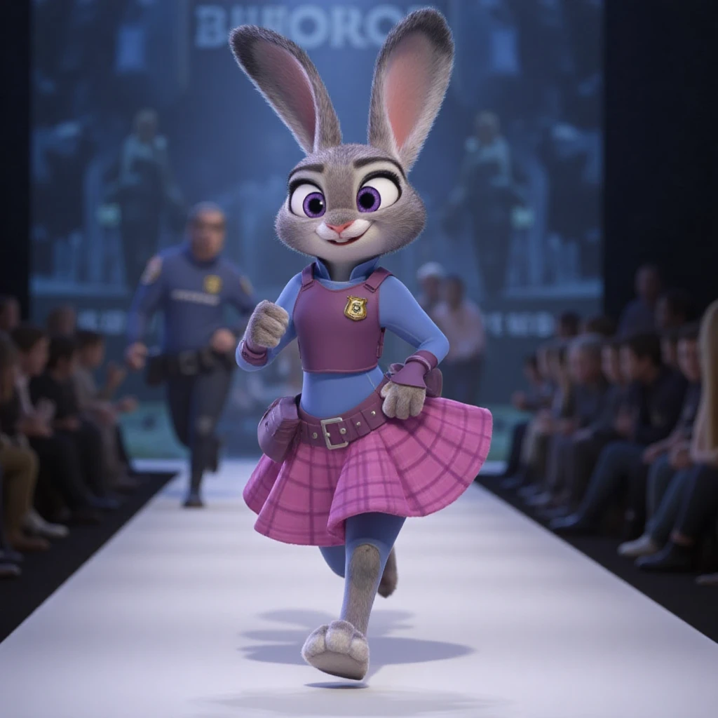 A photo of ohwx as Judy Hopps from Disney Zootopia wearing a fashionable dress on a catwalk