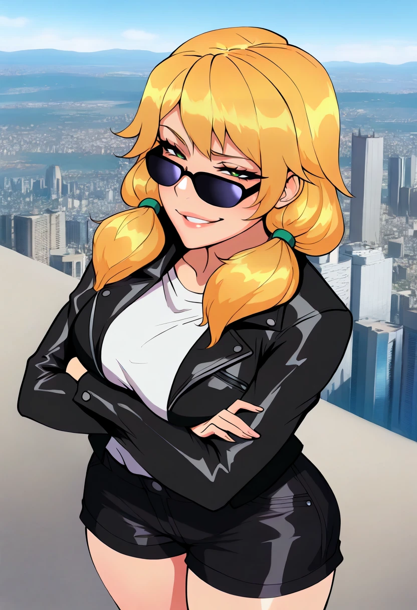 masterpiece, best quality, 1girl, solo, <lora:NSCarolineStardew:1> NSCarolineStardewIllu, blonde hair, twintails, green eyes, mature female, sunglasses, white shirt, black jacket, open jacket, leather jacket, sunglasses, smug, city skyline, city, outdoors, from above, crossed arms, black shorts, leather shorts