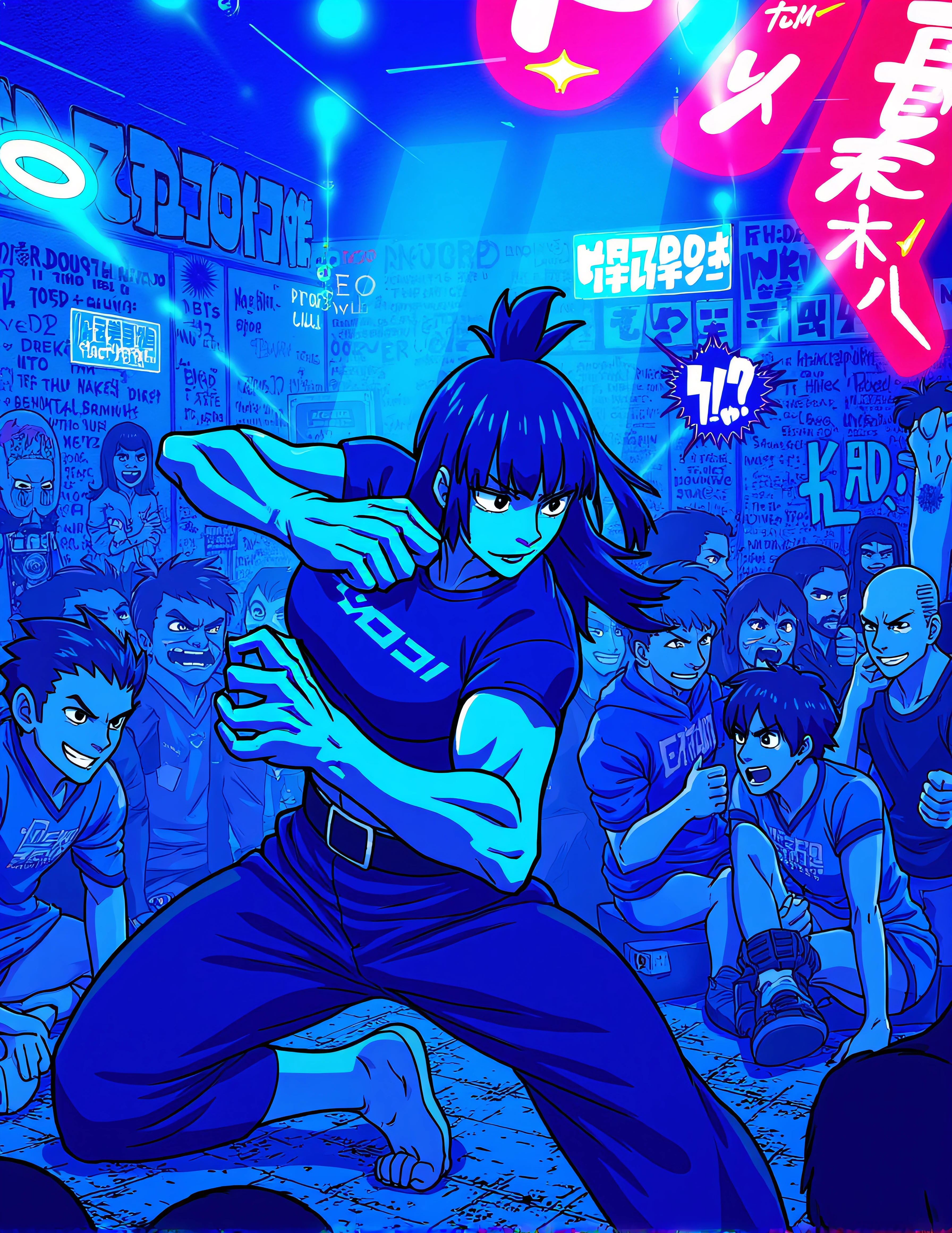 Underground anime fight club lit by neon blues and reds, graffiti-covered walls, intense fighters in dynamic poses mid-battle. The scene has exaggerated, angular poses with characters sweating and showing fierce determination, while the energetic crowd cheers, the background a blur to focus on the action. <lora:xlranime-sushio:0.5>