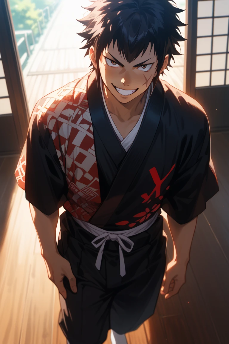 score_9, score_8_up, score_7_up, source_anime, rating_questionable, dark environoment, dark, backlighting, glowing, japanese theme, male focus, leaning back, looking down at viewer, RaichiDA, brown_RaichiDA_scar on cheek, black_RaichiDA_hair, grin, teeth, red japanese clothes, assymetrical print on clothes, socks, 1boy, blurry indoors, wooden floor, scenery, from above, dutch angle, intricately detailed illustration, atmospheric perspective, depth of field