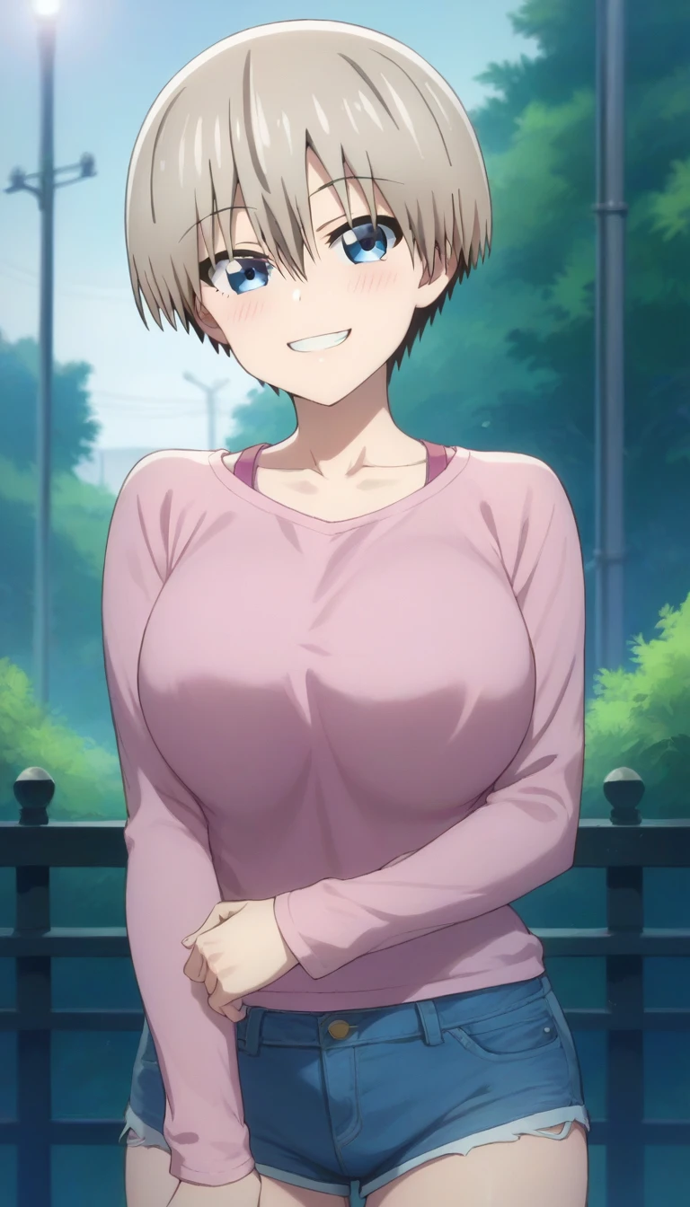 score_9,score_8_up,score_7_up,score_6_up BREAK official art,solo,outdoors,upper body,(portrait:1.5),looking at viewer,facing viewer,smile,blush,Hana Uzaki,grey hair,short hair,shiny hair,hair between eyes,bangs,blue eyes,collarbone,pink shirt,long sleeves,large breasts,denim shorts,short shorts,white socks,sneakers,<lora:Hana Uzaki(uwa)-Pony:1.8>,