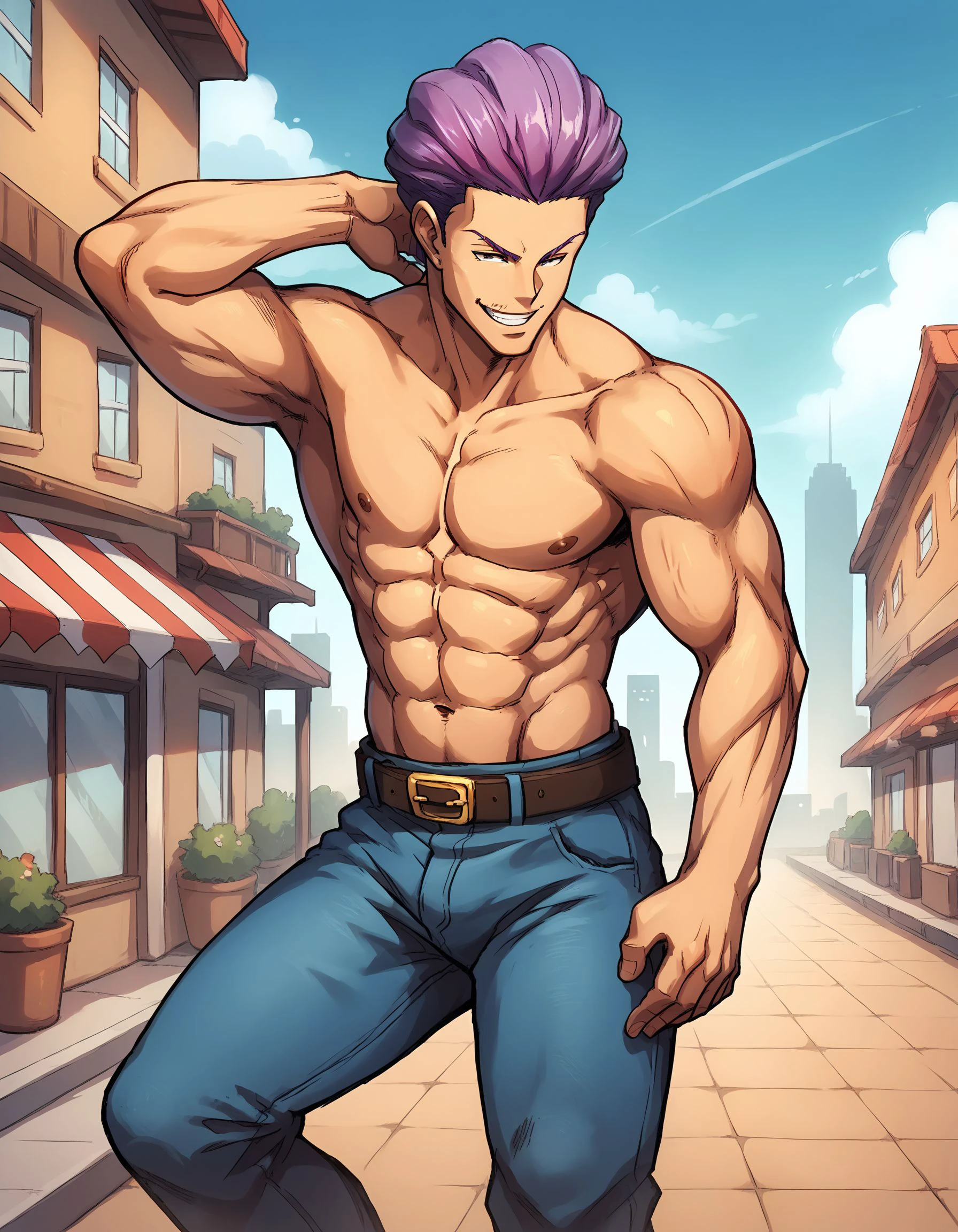 score_9, score_8_up, score_7_up, score_6_up, Hakkinji, source_anime, 1man, cowboy shot, muscular man, purple hair, masterpiece, standing, dancing,smirk, wearing blue jeans,city background, loading docks, <lora:Hakkinji_V01-000035:0.85>