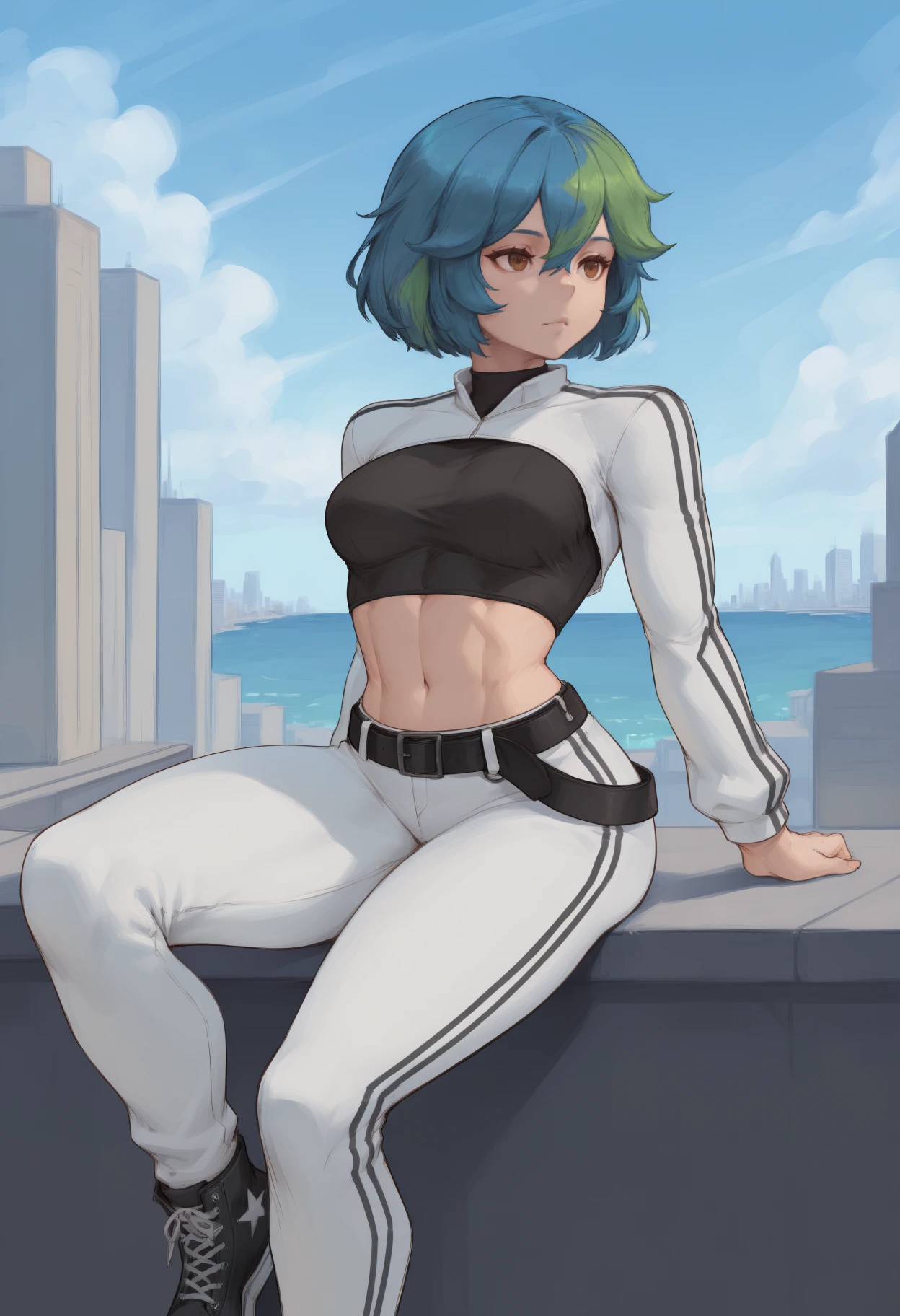 masterpiece, best quality, <break> solo, 1girl, erthchn, expressionless, looking away, sitting, short hair, two-tone hair, blue hair, green hair, hair between eyes, brown eyes, shrug \(clothing\), white jacket, long sleeves, black shirt, crop top, white pants, black belt, converse, stomach, navel, blue sky, cloud, outdoors, city, ocean
<segment:yolo-face_yolov8m.pt,0.4,0.5//cid=1>