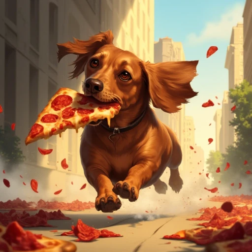 Digital ilustration in style of LORStyleFluxV1 of a dachshund running away with a big slice of pizza in his mouth