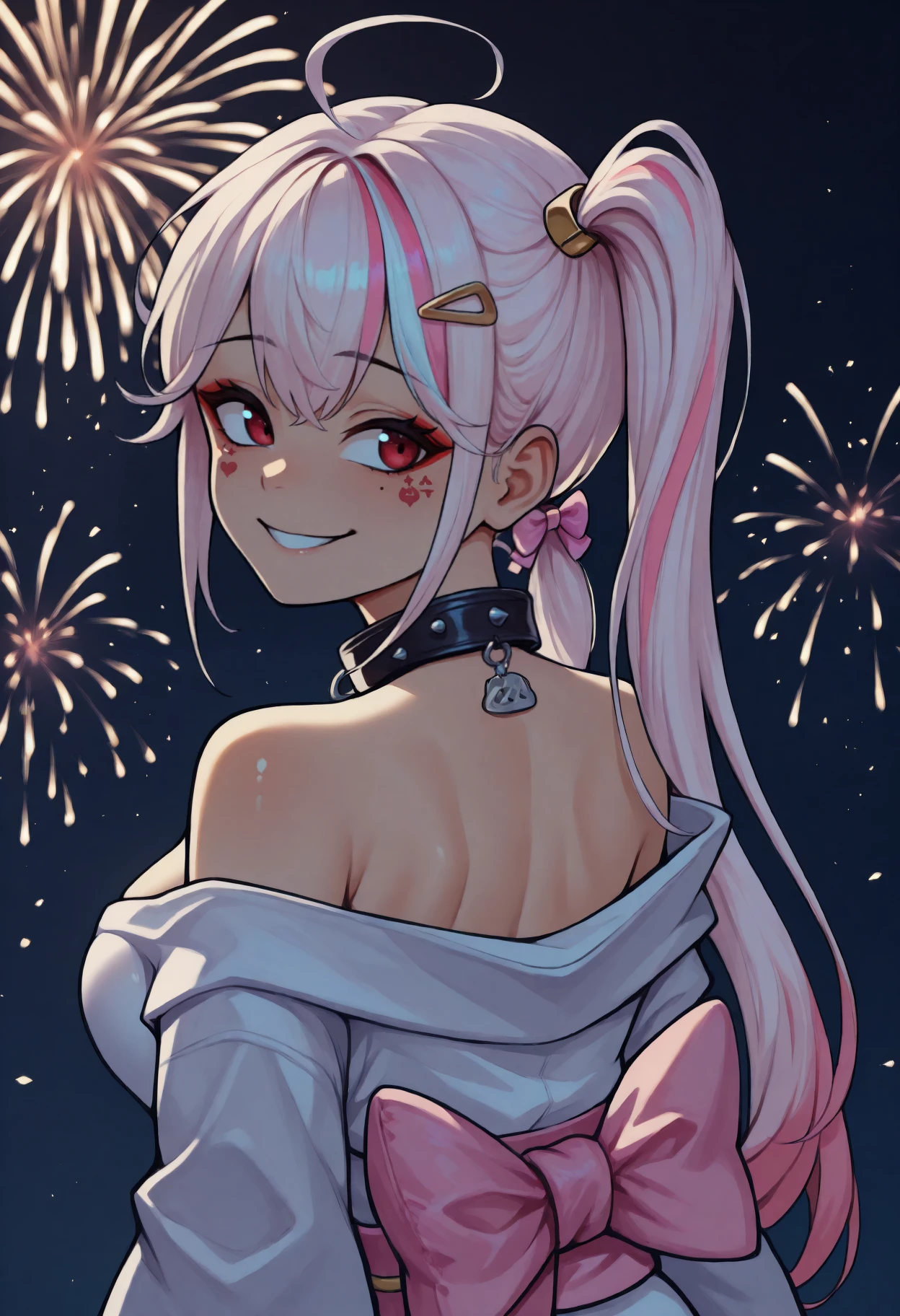 anime, masterpiece, best quality, <break> from behind, solo, 1girl, nikkejackal, facial tattoo, heart tattoo, smile, looking back, streaked hair, white hair, pink hair, ahoge, side ponytail, low twintails, hair ornament, hairclip, hair bow, pink bow, japanese clothes, white kimono, off shoulder, pink sash, obi, black collar, spiked collar, bare shoulders, fireworks
<segment:yolo-face_yolov8m.pt,0.4,0.5//cid=1>