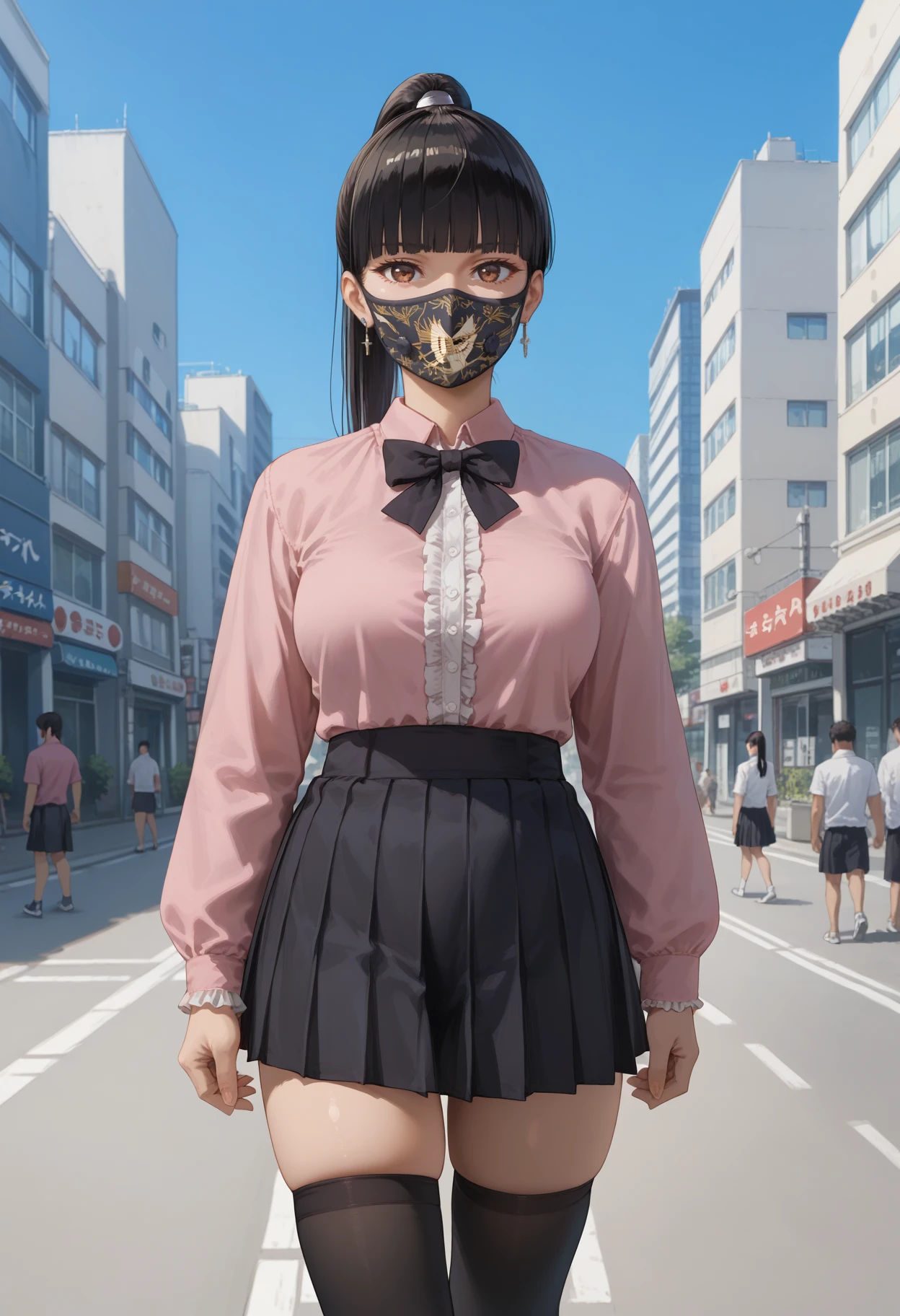 score_9, score_8_up, score_7_up, <lora:AzamiR6S_epoch_10:0.9>, AzamiR6S, 1girl, solo, black hair, blunt bangs, ponytail, brown eyes, black eyeliner, single earring, breasts,
mouth mask, jirai kei, pink shirt, black skirt, pleated skirt, black bowtie, frilled shirt, frilled sleeves, black thighhighs, skindentation, 
looking at viewer, expressionless, walking, 
BREAK day, street, building, shibuya \(tokyo\), walking, blue sky, sunlight, sunbeam, multiple boys,