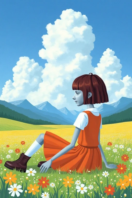 Angela,1girl,Gray skin,short brown hair,Orange dress,white short sleeves,white stockings,black shoes,brown boots. Angela on her knees in a beautiful field of flowers. A beautiful blue sky with giant beautiful clouds and beautiful mountains in the distance