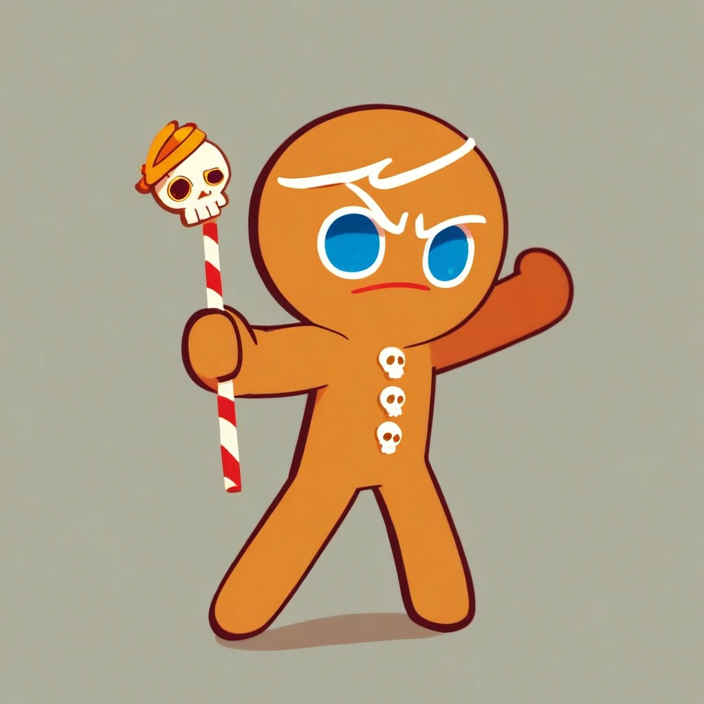 gingerbrave, Round head, blue eyes, brown skin, skull button, gingerbread man, Stickman, stick figure, standing, dynamic pose, full body, score_9, score_8_up