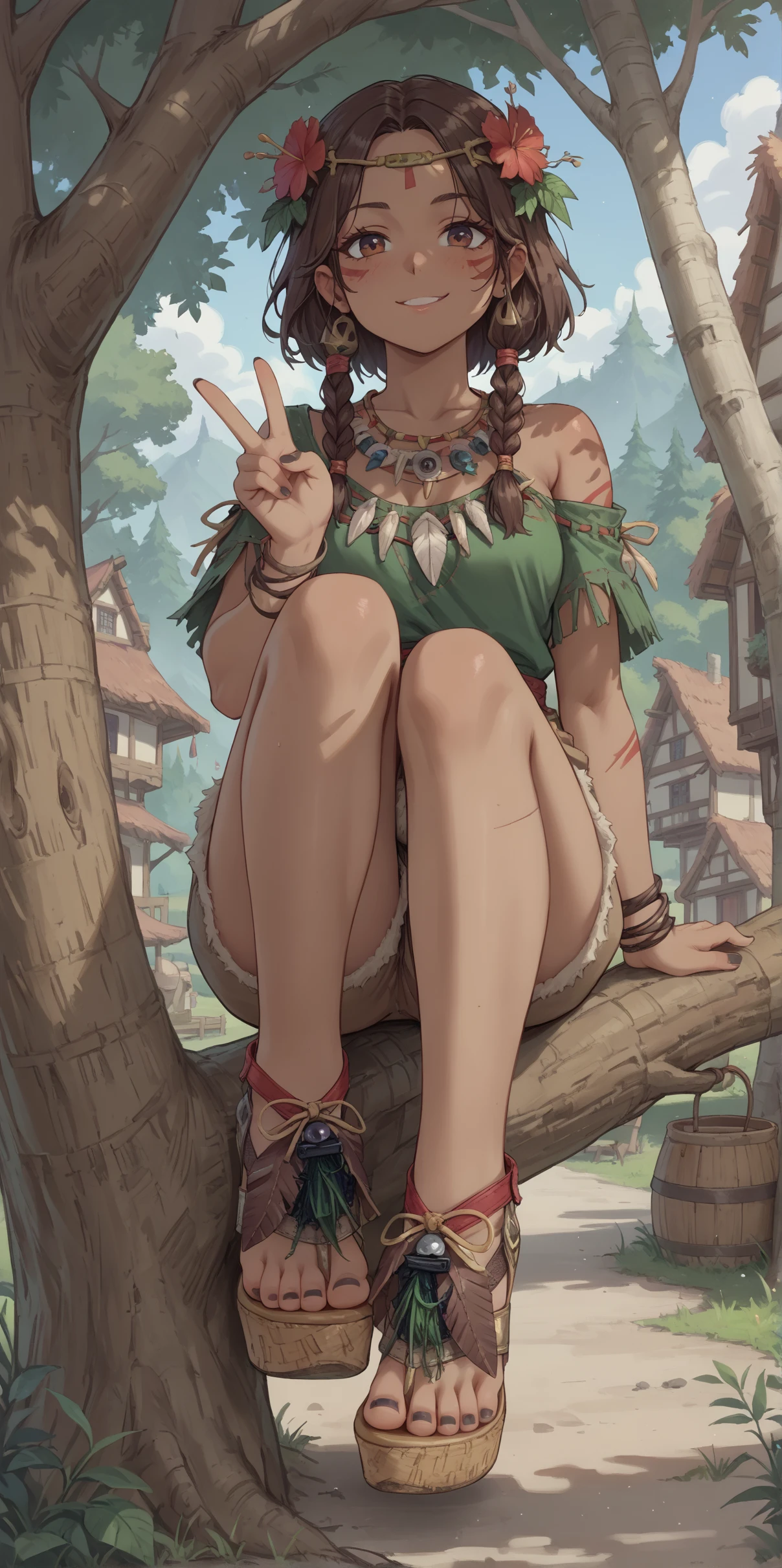 score_9, score_8_up, score_7_up, score_6_up, source_anime,
1girl, 
brown hair, 
dark skin,
tribal,
sitting in tree, sitting on tree branch, legs dangling,
feet, toes, black toenail polish,
(b0h0 heels), platform footwear,
(forest:0.9), town, village,
looking at viewer, v,
hippie tunic, frayed brown shorts, 
embedding:zPDXLrl ,
embedding:zPDXL2 ,