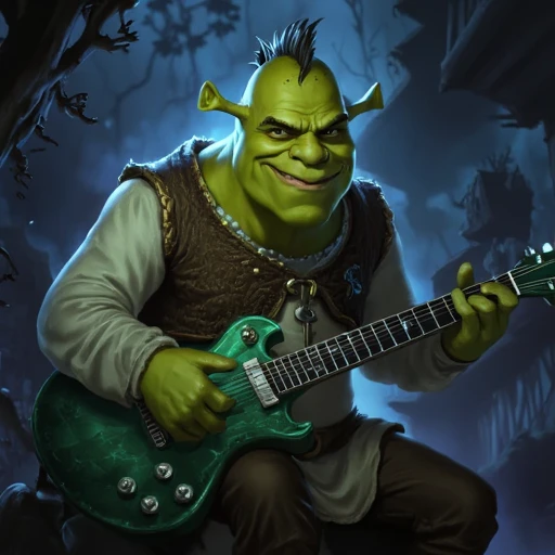 Digital ilustration in style of LORStyleFluxV1 of Shrek playing on a eletrctic guitar