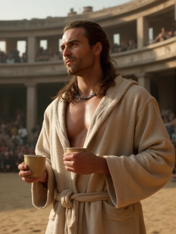 <lora:Gannicus:0.9> gannicus, facial hair,  wears a bathrobe and hold a coffe mug in an antic arena.