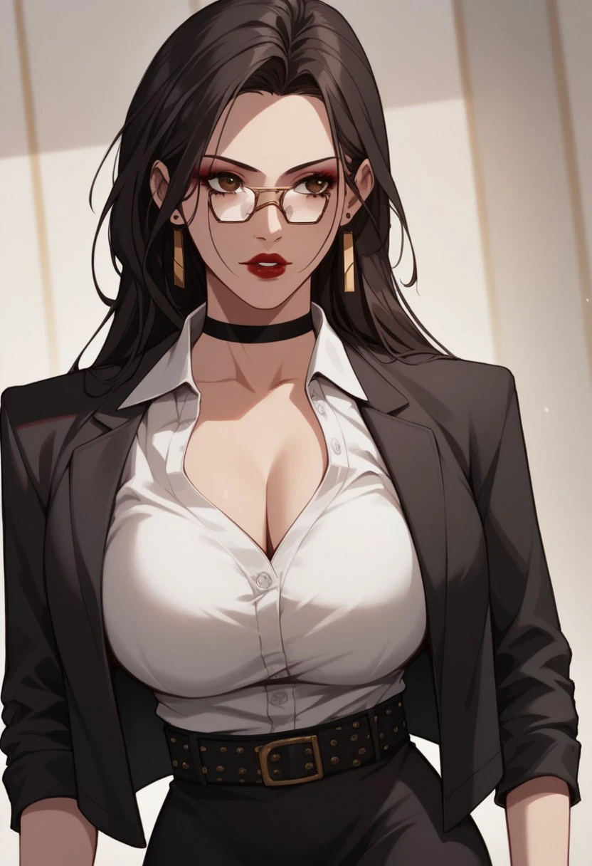 score_9, score_8_up, score_7_up, BREAK, LiRuobing, long hair, black hair, brown eyes, glasses, large breasts, makeup, red lips, red nails, DefaultDress, earrings, bracelet, black choker, black jacket, jacket on shoulders, cleavage, bra white shirt, shirt tucked in, belt, black skirt, pencil skirt, 1girl, solo,