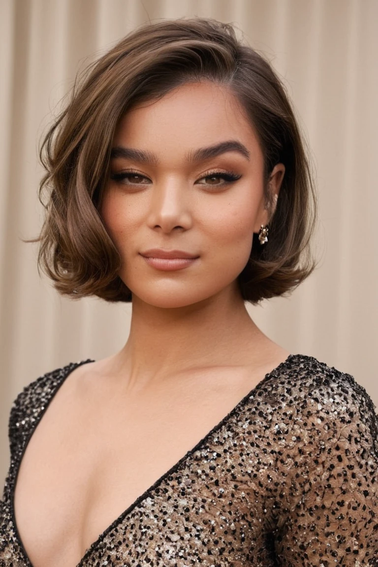 head portrait of oung woman with a light olive skin tone and bob haircut, wavy brown hair styled in a chic, side-parted fashion. She has a slender physique with a modest bust. Her expression is confident and playful, with a slight smile and her eyes looking away while tilting her head to the side. She is wearing a form-fitting, black long-sleeved dress that has a unique, eye-catching design. The dress is adorned with a series of gold sequin discs that cover the upper part of her chest, creating a shimmering effect. The sequins are arranged in a crisscross pattern, adding a touch of glamour and sophistication to her outfit. Her makeup is natural yet polished, with a focus on her eyes, which are accentuated with mascara and subtle eyeliner. She is wearing small hoop earrings that complement her overall look. The background is a simple, plain white, which helps to highlight her and the intricate details of her dress. The overall style of the photograph is modern and fashionable, capturing a moment of casual elegance.highly detailed 8 k render with ultra - realistic, looking to the side, head on a 75 degrees angle, side profile.
35mm photograph
<lora:Hailee:1> <lora:add-detail-xl:1>