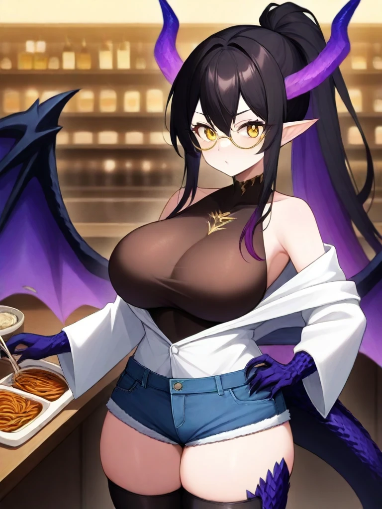 1girl,solo,standing, eat on soba,
break,
 <lora:Futtora's_Crystal_Dragon_Girl_MS_Dowlin:1>fc_Dowlin,  dragon horns, dragon skin, breasts, tail, wings, yellow eyes, shorts, thighhighs, dragon tail, large breasts, dragon girl, claws, ponytail, dragon wings, long hair, pointy ears,  black thighhighs, dragon horns, black hair,  purple hair,short shorts, bare shoulders, off shoulder, denim, denim shorts, very long hair, multicolored hair,  scales, hair between eyes,Golden frame glasses,black leotard,white robe
in a  cafe,
masterpiece, best quality, amazing quality, very aesthetic, absurdres, highres, newest