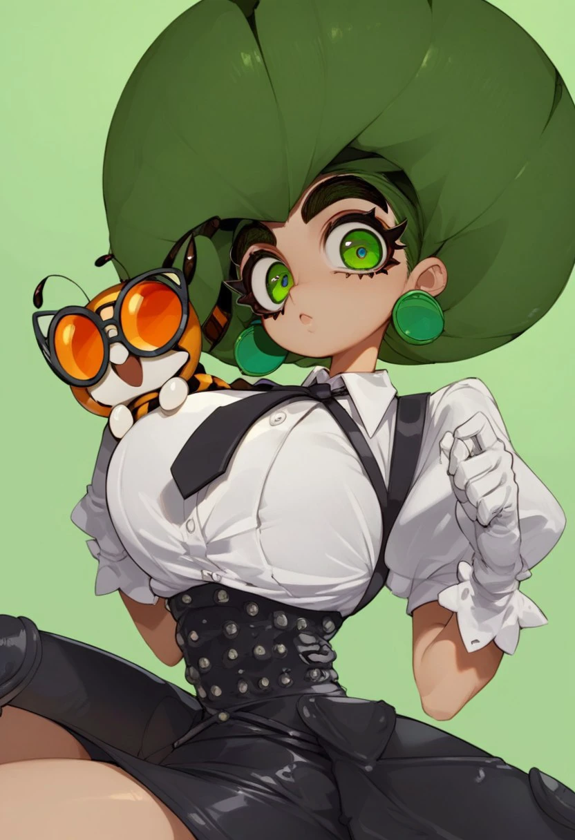 score_9, score_8_up, score_8, cute, eyelashes, beautiful eyes, big eyes, huge breasts, black shorts, suspender skirt, sunglasses, earrings, green eyes, arthropod girl, puffy sleeves, simple background, collared shirt, white gloves, black necktie, thick eyebrows